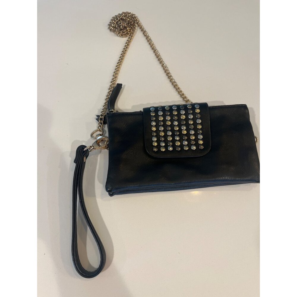 Black Olivia Miller Leather Studded Wristlet With Gold Chain Strap & Zipper Clos - Picture 2 of 10